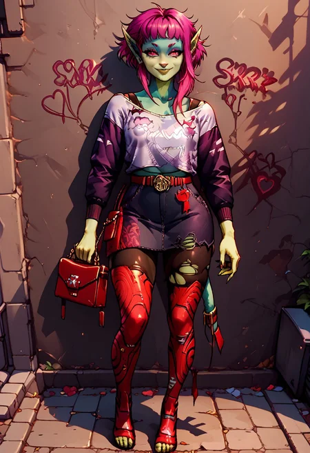 score_9, score_8, score_7,Beautiful , cyberpunk, XXX Rating, EyesHD, Expressiveh,
1 female,
BREAK ,itz, green skin, pointy ears, pink hair, furry skin ripped clothing, seductive eyes, smug, small breasts ,puffy nipples, shy, horny, happy, skindentation, eye contact, whore, prostitute, prostitution, street hooker, handbag, leans against the wall, full body
BREAK ,<lora:It-Z:0.9>, , <lora:g0th1cPXL:0.35>, fine hair, extremely detailed hair, impossibly detailed eyes, street, alley, night, city, neon light, g0thicPXL, <lora:Eyes_High_Definition:0.9>, <lora:JMG style PonyXL:0.65>
