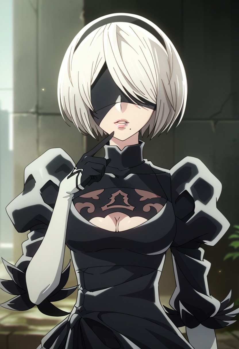 score_9,score_8_up,score_7_up,source_anime, YORHA_NO.2_TYPE_B,1girl,solo,breasts,short hair,long sleeves,gloves,dress,cleavage,medium breasts,upper body,white hair,hairband,parted lips,teeth,black gloves,puffy sleeves,hand up,mole,black dress,lips,clothing cutout,turtleneck,cleavage cutout,black hairband,juliet sleeves,facing viewer,mole under mouth,finger to mouth,pink lips,blindfold,covered eyes,black blindfold,feather-trimmed sleeves,
