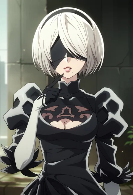 score_9,score_8_up,score_7_up,source_anime, YORHA_NO.2_TYPE_B,1girl,solo,breasts,short hair,long sleeves,gloves,dress,cleavage,medium breasts,upper body,white hair,hairband,parted lips,teeth,black gloves,puffy sleeves,hand up,mole,black dress,lips,clothing cutout,turtleneck,cleavage cutout,black hairband,juliet sleeves,facing viewer,mole under mouth,finger to mouth,pink lips,blindfold,covered eyes,black blindfold,feather-trimmed sleeves,