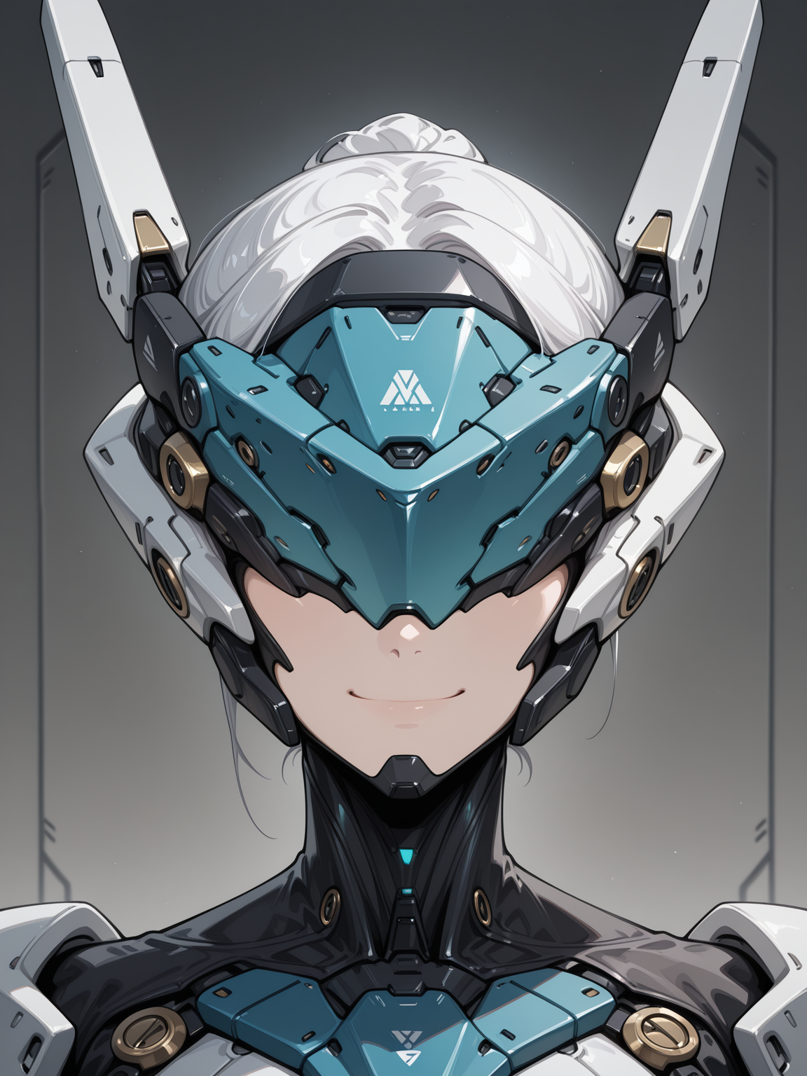 masterpiece,best quality,amazing quality,very aesthetic,absurdres,newest,
BREAK,
, science fiction, , portrait, 
solo, ,1girl, , , headgear, covered eyes, smile, 
 <lora:Anachrotech_Mecha_bits_Illustrious:1> an4chr0t3ch,