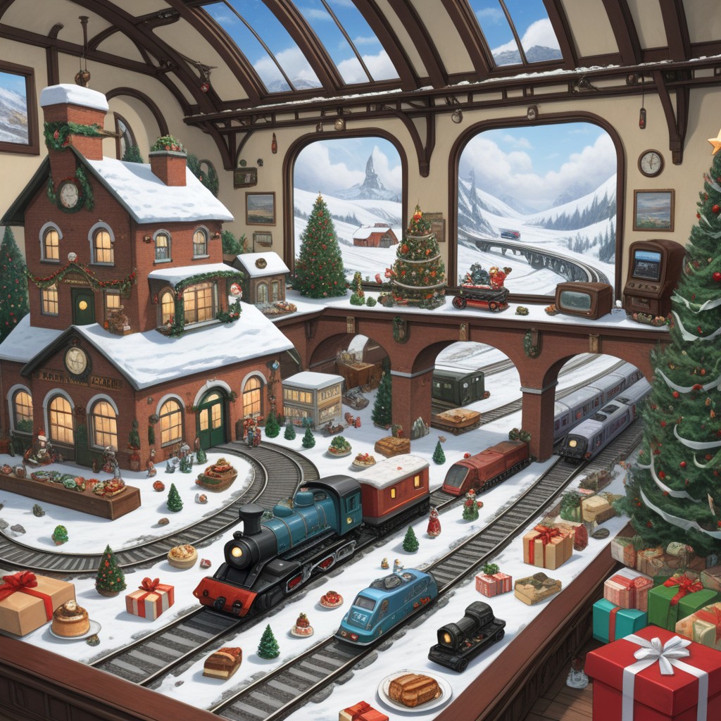On the grownd in the living room[train station, bridge, window, science fiction, traditional media, motor vehicle, day, vehicle focus, road, gift, railway, christmas, food, cloud, box, cake, fireplace, plant, weapon, snow]