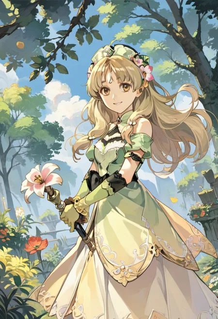 score_9, score_8_up, score_7_up, source_anime, ayesha altugle, long hair, golden eyes, light brown hair, 1girl, gloves, solo, tree, staff, flower, smile, dress, hair ornament, elbow gloves, hair flower