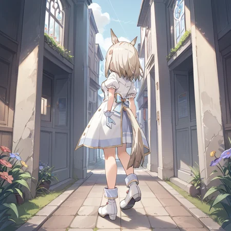 score_9, score_8_up, score_7_up, source_anime, best_quality, masterpiece, BREAK, 1girl, solo,
<lora:HappyMeekPony:0.9>, HappyMeekPony, medium_hair, horse_tail, horse_ears, bangs, medium_breasts,
HPMK, coat, hair_ornament, white_gloves, short_sleeves, hairclip, hair_flower, puffy_short_sleeves, white_shirt, bow, white_footwear, brooch, glassfield, from_behind, ass,