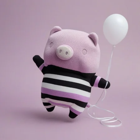 greyscale, adorable Boopig, plushie, toy, pig, snout, nostrils, simple eyes, round, plump, (mime:1.3) character, (soft texture:1.2), (purple and black stripes:1.5) body, wearing classic mime outfit, (black and white stripes:1.4), (white gloves:1.2), exaggerated facial expressions, performing invisible box act, whimsical background with colorful balloons, kawaii, fluff, fuzz, playful atmosphere, (bright lighting:1.3), by (Mary Blair:1.5) style, cheerful, high detail, trending on ArtStation.