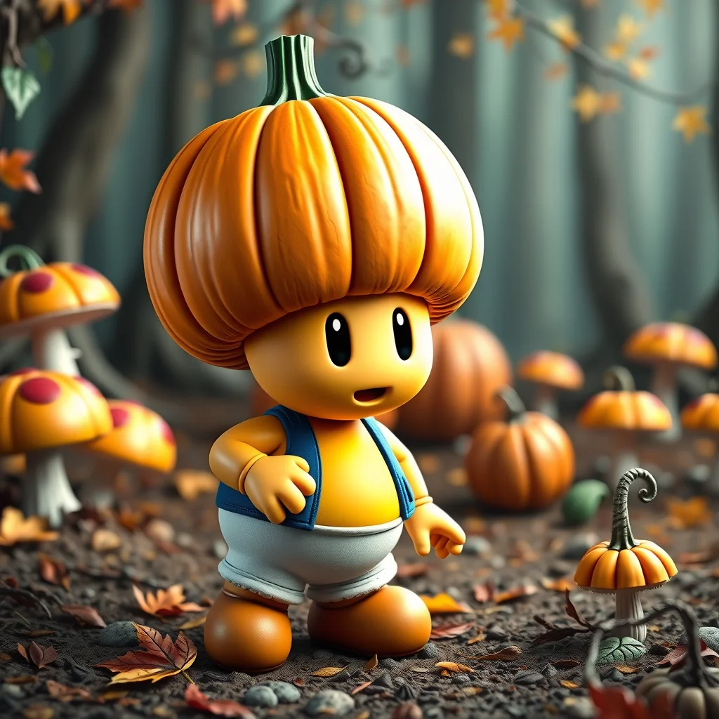 toad from supermario with a pampmpkn head made out of pumpkin. he is wearing a blue vest and a white shorts. he is in a mushroom forest with autumn decoration in the background, cozy feeling
