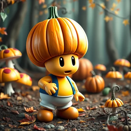 toad from supermario with a pampmpkn head made out of pumpkin. he is wearing a blue vest and a white shorts. he is in a mushroom forest with autumn decoration in the background, cozy feeling