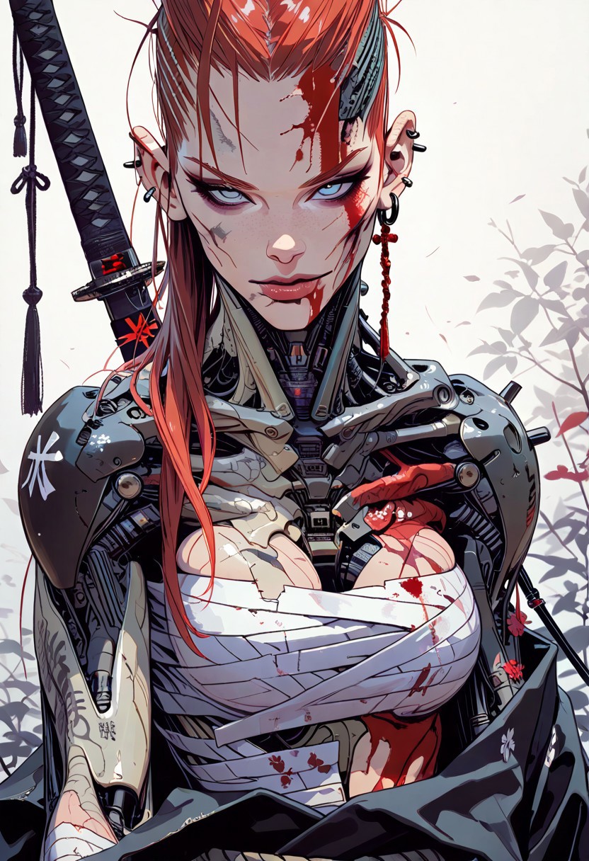 masterpiece, best quality,high quality, newest, highres,absurdres, 1girl, solo, close up, red hair, solo, katana, long hair, blood, blue eyes, breasts, sarashi, looking at viewer, earrings, bandages, piercing, ear piercing, jewelry, blood on face, (yellow bangs:1), mechanical parts,