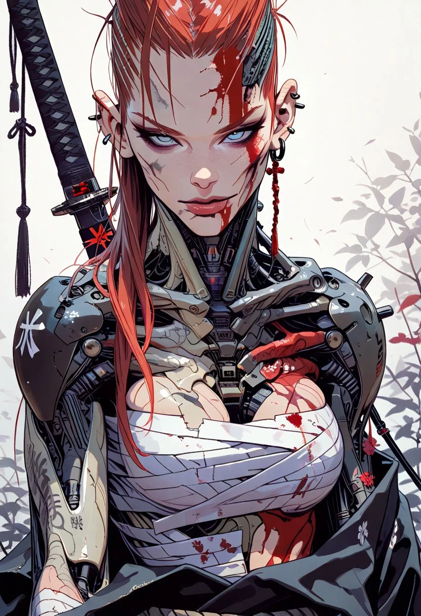 masterpiece, best quality,high quality, newest, highres,absurdres, 1girl, solo, close up, red hair, solo, katana, long hair, blood, blue eyes, breasts, sarashi, looking at viewer, earrings, bandages, piercing, ear piercing, jewelry, blood on face, (yellow bangs:1), mechanical parts,