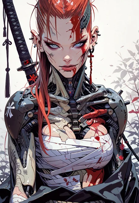 masterpiece, best quality,high quality, newest, highres,absurdres, 1girl, solo, close up, red hair, solo, katana, long hair, blood, blue eyes, breasts, sarashi, looking at viewer, earrings, bandages, piercing, ear piercing, jewelry, blood on face, (yellow bangs:1), mechanical parts,