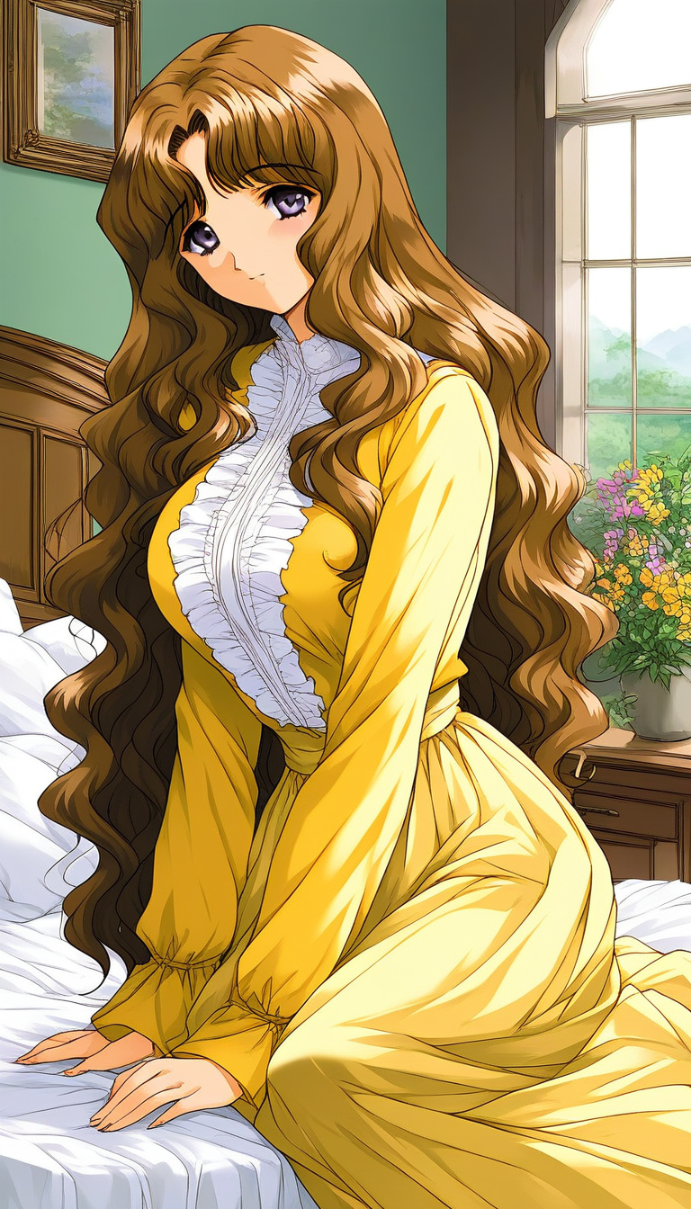 score_9, score_8_up, score_7_up, source_anime, rating_explicit, BREAK  <lora:Tsuchiya_Yuki_XL:1> TsuchiyaYuki, grey eyes, brown hair, long hair,  wavy hair, large breasts, 
solo, light Yellow skirt, Yellow long sleeves,  looking at viewer,
window, scenery, bed, indoors, plant, flower
