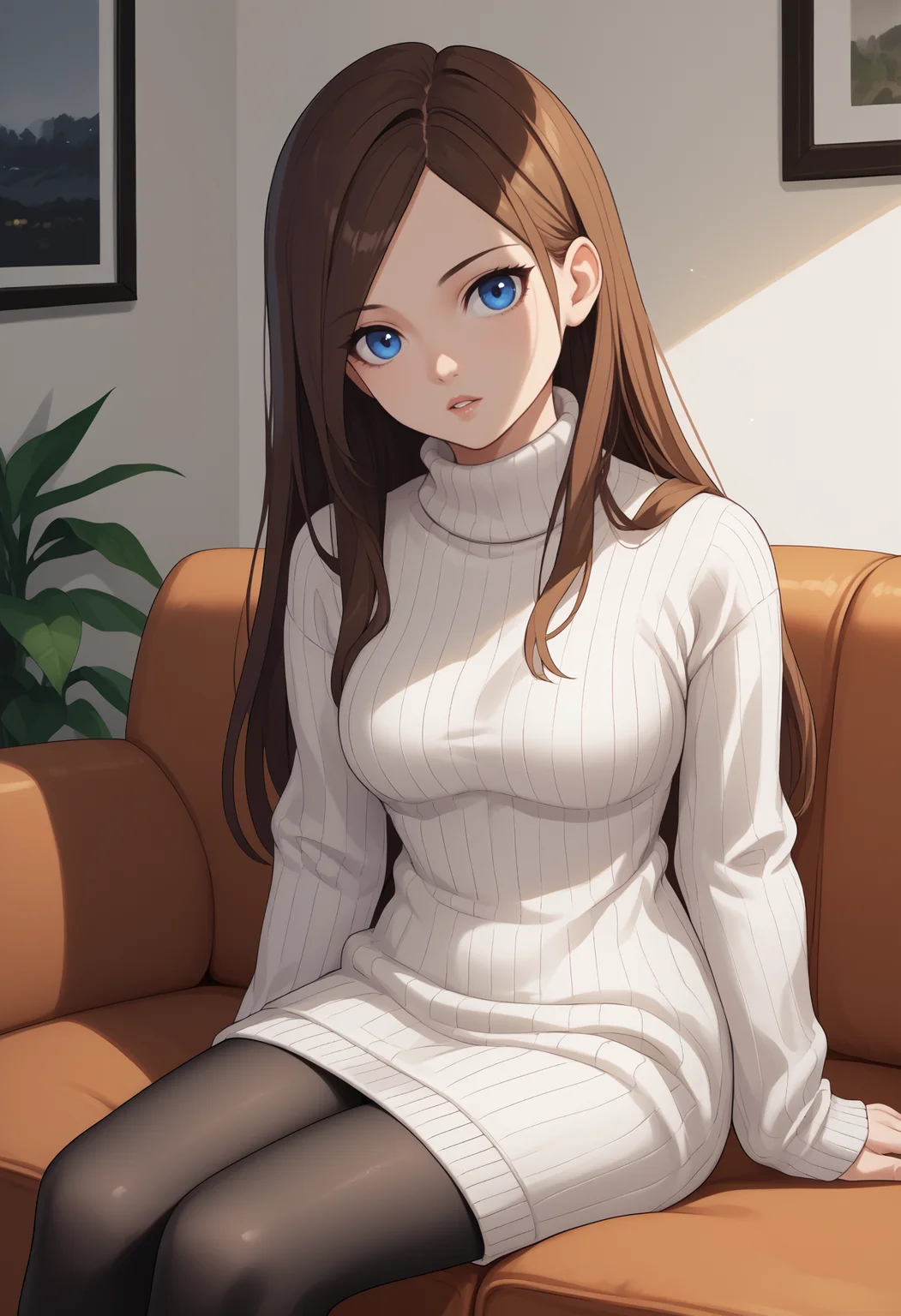 score_9, score_8_up, score_7_up, source_anime, <break> solo, 1girl, charlotte aulin, parted lips, looking at you, sitting, couch, long hair, brown hair, blue eyes, white sweater, sweater dress, ribbed sweater, turtleneck, black pantyhose, indoors, living room
<segment:yolo-face_yolov8m.pt,0.4,0.5//cid=1>