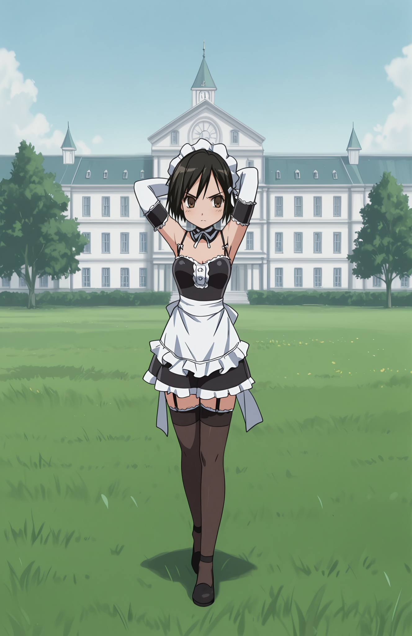 <lora:anatomy_helper:0.8> 1girl, solo, <lora:KoWaGo-IL:0.8> himm,
<lora:ffgarnet-illu-nvwls-v1_1:0.7> ffixgarnet, black hair, brown eyes, short hair,
koremaid, bare shoulders, elbow gloves, white gloves, detached collar, arm garter, garter straps, spaghetti strap, black thighhighs, frilled thighhighs, maid headdress, black footwear,
outdoors, mansion, grass, serious, confidant,,arms behind head, extremely detailed, highres, masterpiece, best quality