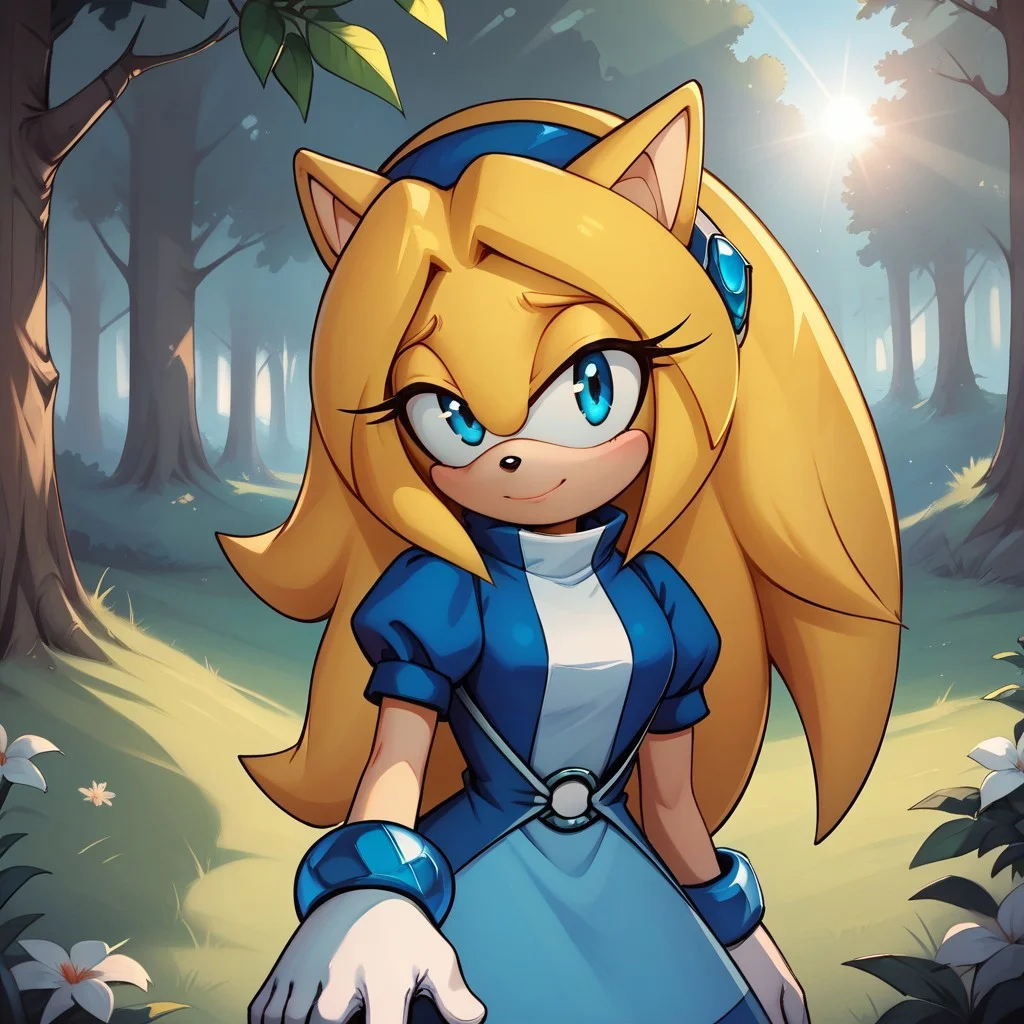 score_9, score_8, BREAK, maria_robotnik, sonic_(series), hedgehog_girl, blonde_hair, blue_hairband, blue_eyes, blue_dress, white_gloves, blue_footwear, sexy pose, self portrait, smile, outdoors, sunlight, shadows, evening lighting, natural lighting, forest, trees, grass, orange sky, sunset