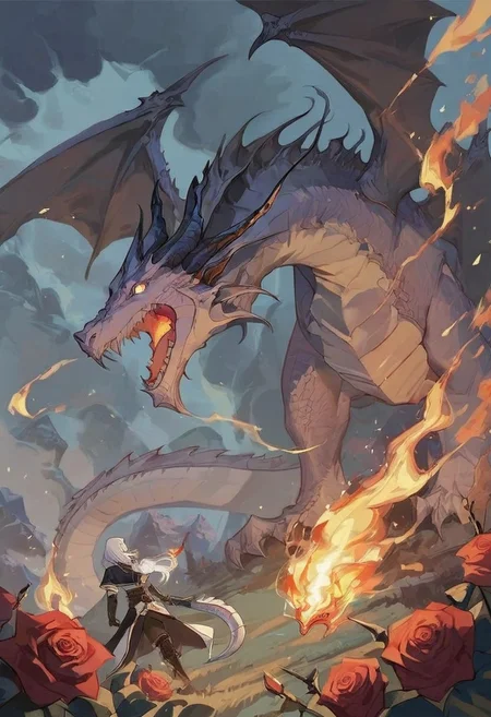 (masterpiece), (best quality), source_anime+, perfect anatomy, HD, 10k Res, digital_media_(artwork) hi_res, intricate, high quality, amazing quality, (noir, fantasy) theme, (1 feral white dragon, breathing fire), (rose, plains), Drestoria-Style_V1