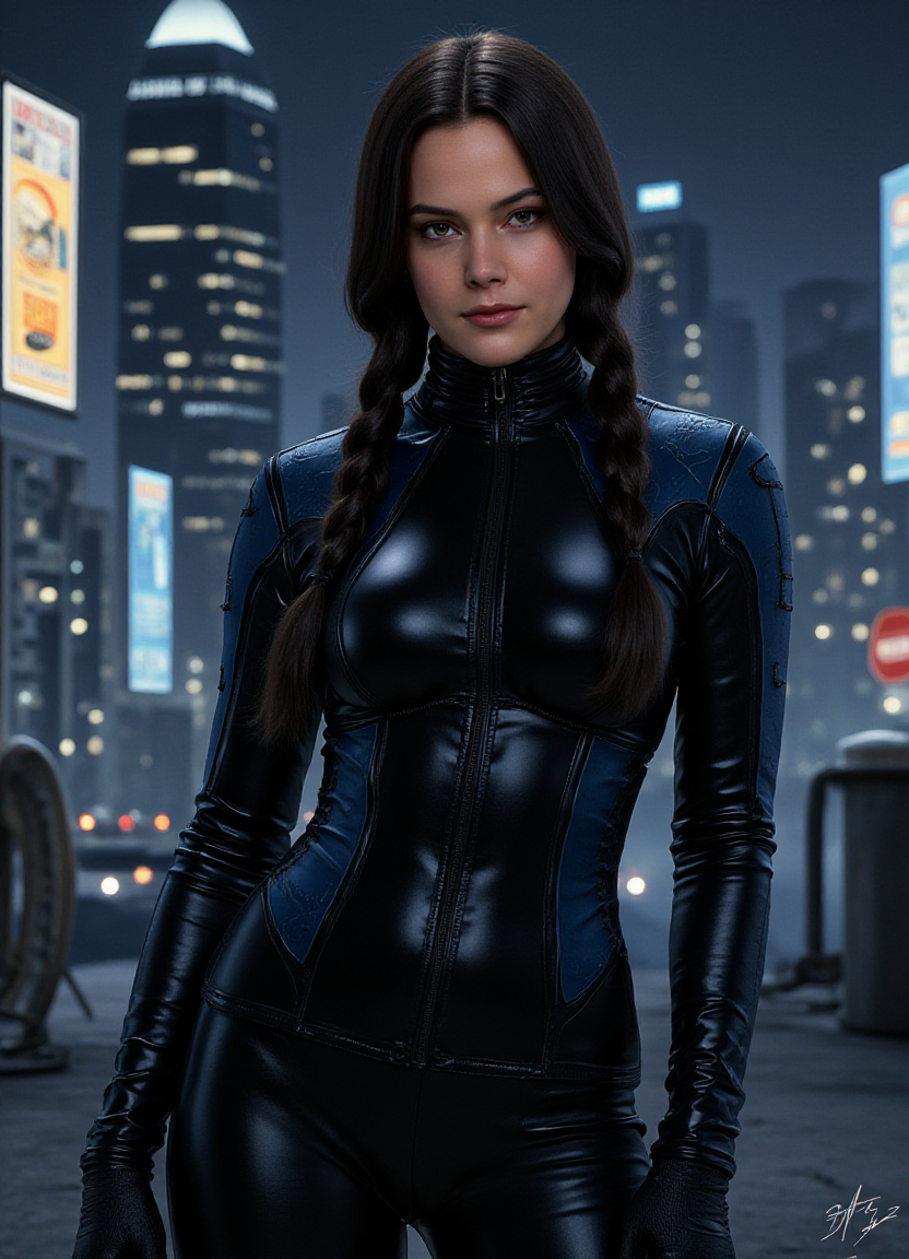 SFW, The image is a digital illustration of a woman standing in a futuristic city at night. She is wearing a black latex suit with a high collar and long sleeves. The suit has a futuristic design with a blue and silver color scheme. The woman has e hair styled in two braids and is looking off to the side with a serious expression on her face. The background shows a cityscape with tall buildings and neon signs. The overall mood of the image is dark and mysterious., aidmaimageupgrader<lora:flux\custom\celebrity\lisa-synder.safetensors:1.0:1.0> <lora:turbo-8-step-flux.safetensors:0.5:0.5> <lora:flux\style\Common\aidmaImageUprader-FLUX-v0.3.safetensors:0.25:0.25>
