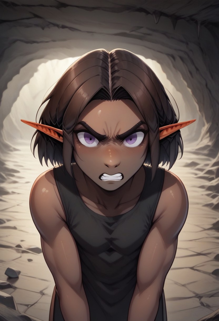 Repeta, 1 person, snout nose, solo, pointy ears, violet eyes, dark skin, dark brown hair, chin-length hair, parted hair, black sleeveless top,
Hands on head, gritted teeth, bent over, pained expression,
organic cavern background,
Medieval style,
Bordered by rock walls, front view, 
Smooth colors, highly detailed face, clean lines, high quality, best quality, masterpiece, score: 9, score: 8 up, rating: safe, source: semi-realistic,