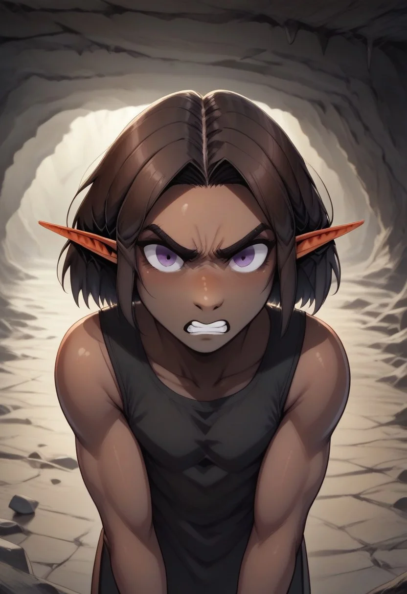 Repeta, 1 person, snout nose, solo, pointy ears, violet eyes, dark skin, dark brown hair, chin-length hair, parted hair, black sleeveless top,
Hands on head, gritted teeth, bent over, pained expression,
organic cavern background,
Medieval style,
Bordered by rock walls, front view,
Smooth colors, highly detailed face, clean lines, high quality, best quality, masterpiece, score: 9, score: 8 up, rating: safe, source: semi-realistic,