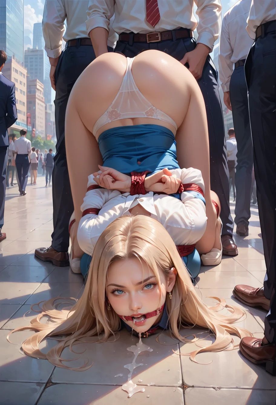 score_9,score_8_up,score_7_up,8k,hd,,ruanyi0683,arms behind back,bound wrists,top-down bottom-up,humiliation,blonde hair,very long hair,kneeling,office lady,cityscape,<lora:0683 humiliating bondage_v1_pony:1>