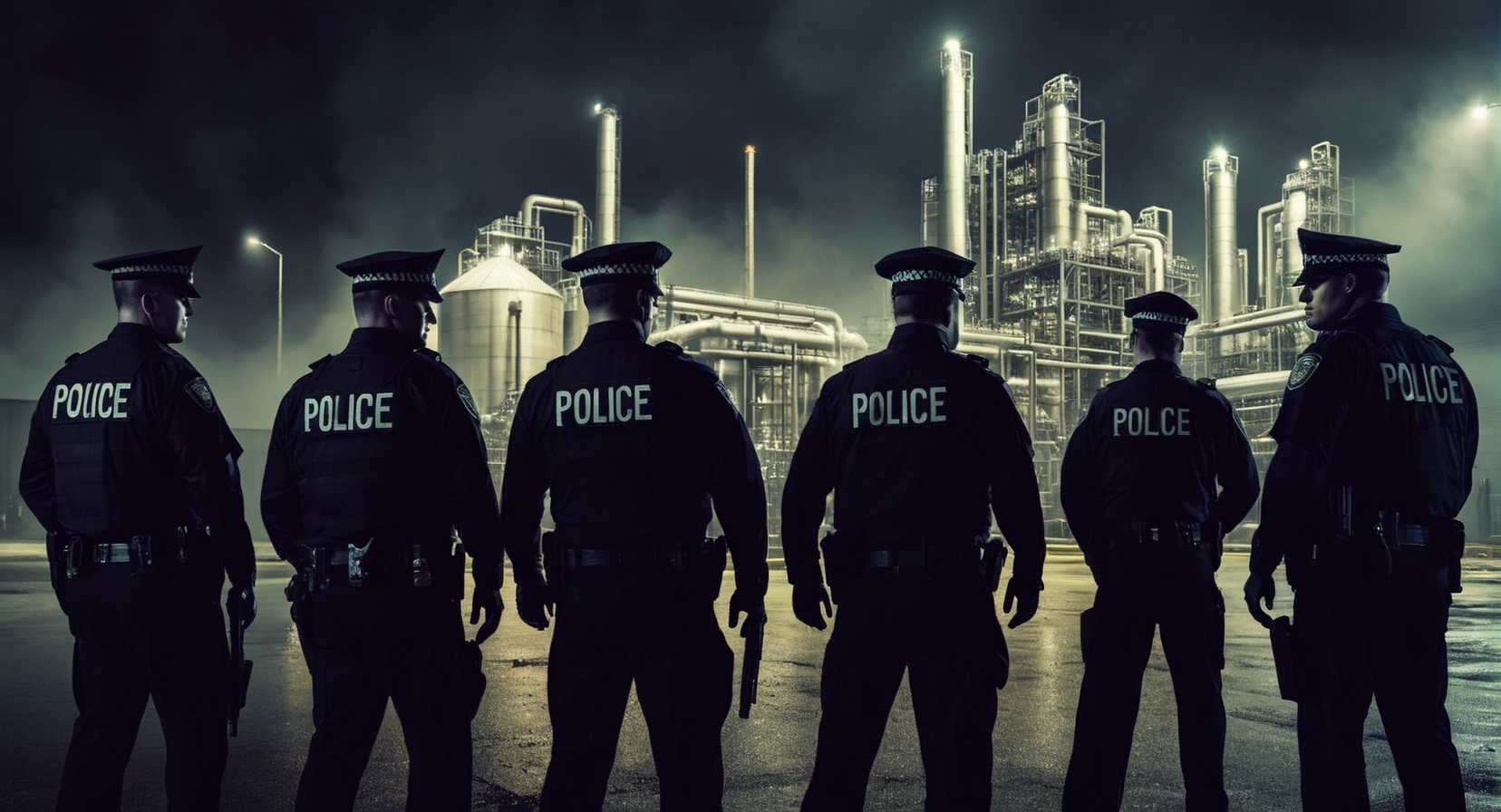 Dark Fantasy Art of  <lora:Gotham City:1.2>
Gotham City a group of police officers standing in front of Ace Chemical Processing Plant building, dark, moody, dark fantasy style