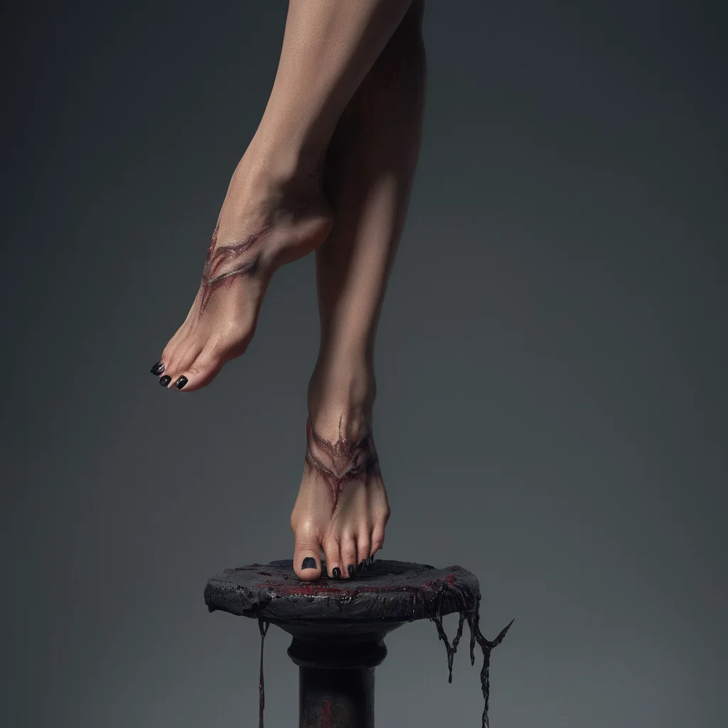 Horror-themed, <lora:Demon Girl:0.8>
Demon Girl a person with bare feet standing on a pole,devil,Demon Girl style,solo,barefoot,feet,tattoo,toes,no shoes,soles,close-up,out of frame,toenails,foot focus,dirty feet , realistic, sharp, detailed, classic, 1990's, horror, photography, artistic, perfect teeth, crazy, Eerie, unsettling, dark, spooky, suspenseful, grim, highly detailed