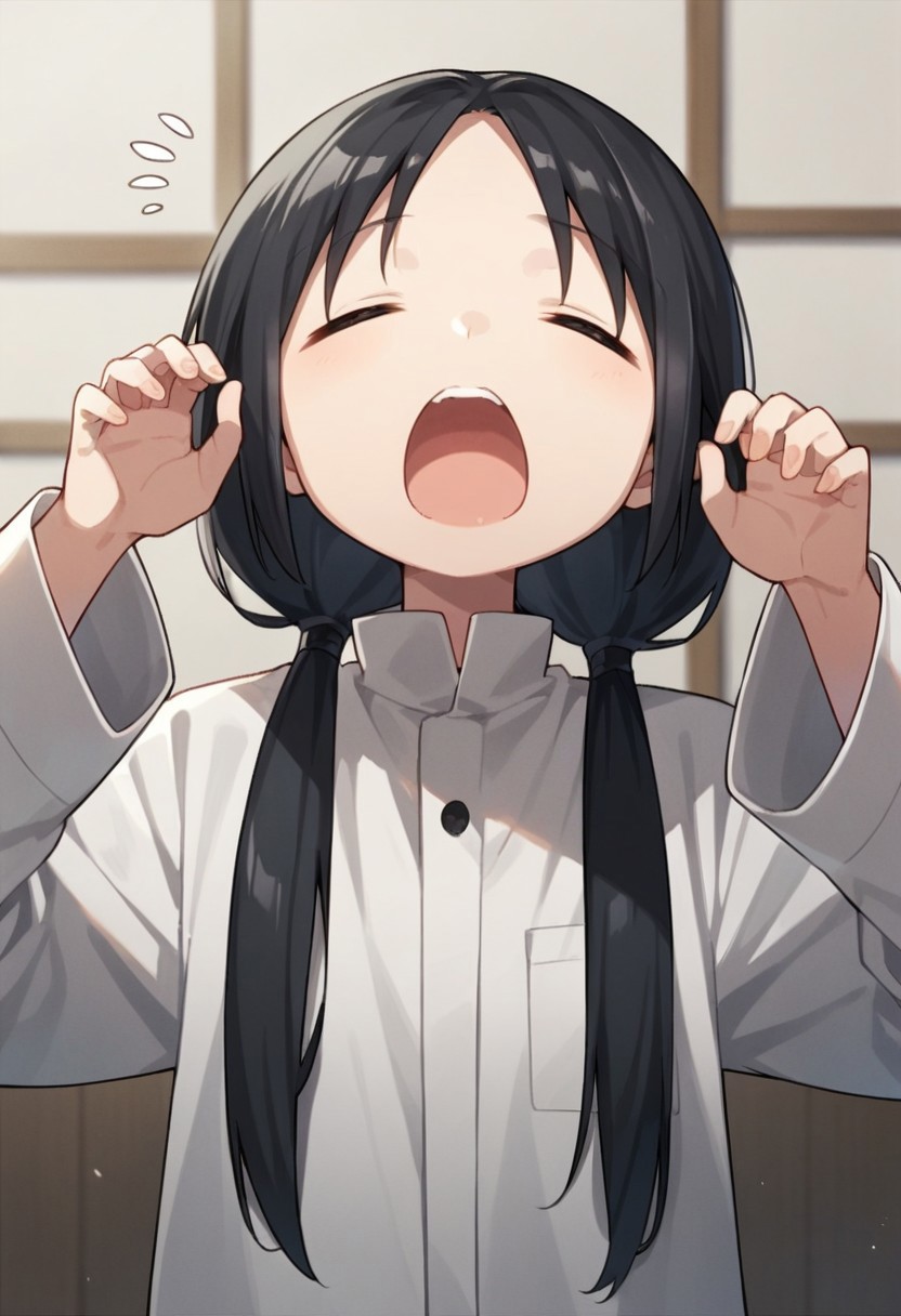 score_9, score_8_up, score_7_up, source_anime,chito, black hair, black eyes, long hair, low twintails, 1girl, solo, open mouth, closed eyes, yawning, long sleeves, rubbing eyes