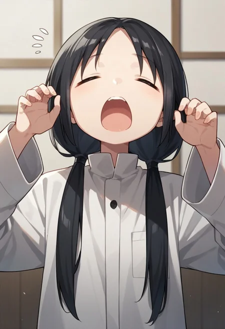 score_9, score_8_up, score_7_up, source_anime,chito, black hair, black eyes, long hair, low twintails, 1girl, solo, open mouth, closed eyes, yawning, long sleeves, rubbing eyes