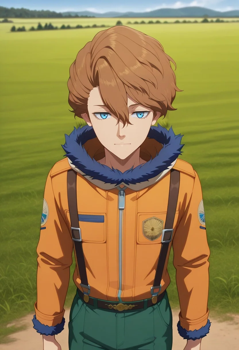 masterpiece, best quality, intricate details, (3d:0.4), , 1boy, solo, male focus, <lora:langris_vaude_ilxl:1>, langris_vaude, brown hair, blue eyes, short hair, hair between eyes, fur trim, , Hiking pants, Field jacket, , , Suspenders and andMala