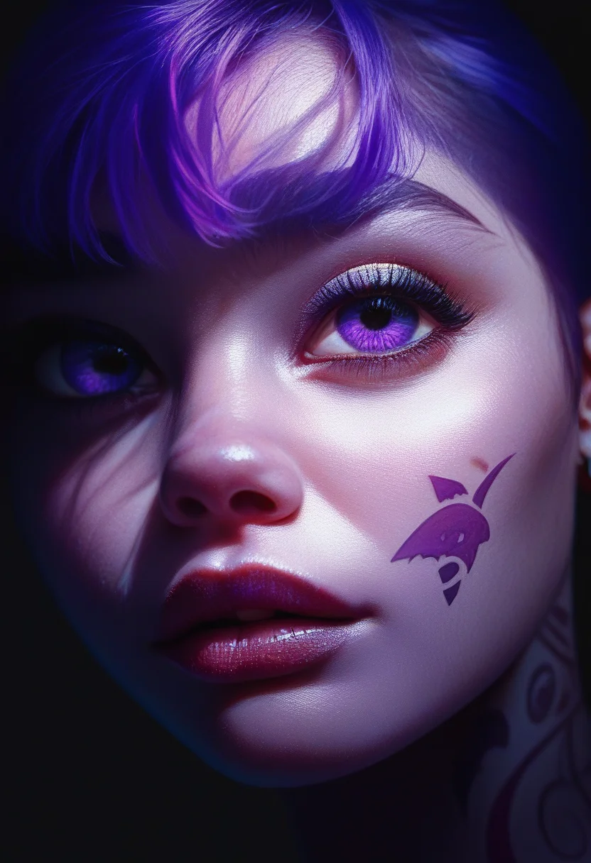 score_9, score_8_up, score_7_up, score_6_up, 1girl, cute face, short violet hair, violet face tattoos, close up portrait, s1_dram, black background