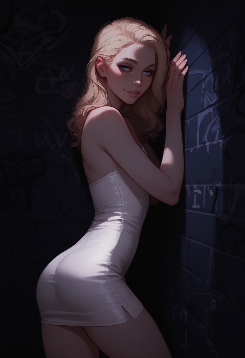 score_9,score_8_up,score_8,score_9,(((pastel colors, high contrast,expressiveh,solo focus, )))((blue eyes,blonde hair,naughty face, straight hair, pale skin,white dress,short dress, tight dress,strapless dress, thighs)) (1girl, small chest, petite, detailed eyes,standing, side view, looking at viewer,against wall, back to wall)alley. graffiti, night, night sky