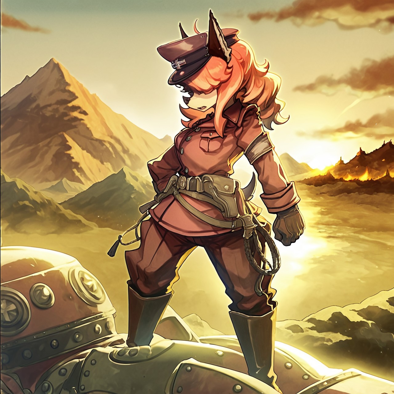 score_9,score_8,score_7,source_furry,
<solo:1.5>,
<1girl:1.5>,
flam_kish, dog girl, flam_fuga, red hair, 
official style, official art,
( art by nyong nyong ) ,,
flam_kish_fuga, flam_kish, flam_fuga, dog girl, official art, official style, 1girl, hat, gloves, military, uniform, animal ears, solo, boots, military uniform, dog ears, headwear removed, hat removed, sunset, ahoge, tail, long hair, mountain, hair over eyes, pants,
 <lora:Flam_Kish_Fuga:1> flam_kish