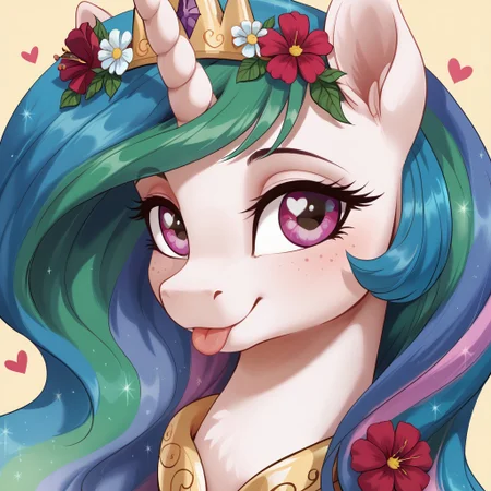 score_9, score_8_up, score_7_up, score_6_up, score_9, score_8_up, score_7_up, score_6_up, my little pony: the movie, movie accurate, princess celestia, pony, alicorn, g4, bust, close-up, cute, eyelashes, female, freckles, heart, high res, looking at you, mare, portrait, smiling, solo, a wreath of flowers, tongue out, silly