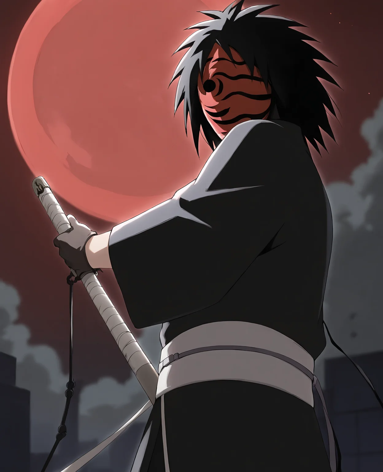 score_9,score_8_up,score_7_up,source_anime,rating_safe BREAK masterpiece,highres,best quality,high quality,dramatic angle,cinematic lighting,1boy,<lora:Obito_Pony_V2:1>,dim,night,moon,red moon,Uchiha Obito \(Red night\),red night,black robe,black gloves,cityscape,extremely detailed background,blurry background,buildings,katana,long messy hair,portrait,close-up,holding,cowboy shot,<lora:add-detail-xl:0.22>,<lora:flat_sdxl:-0.43>,black pants,from below,horror,black hair,red mask,empty eyes,holding weapon,blood,pointy hair,dynamic angle,action pose,holding sword,slashing,katana,huge sword,greatsword,