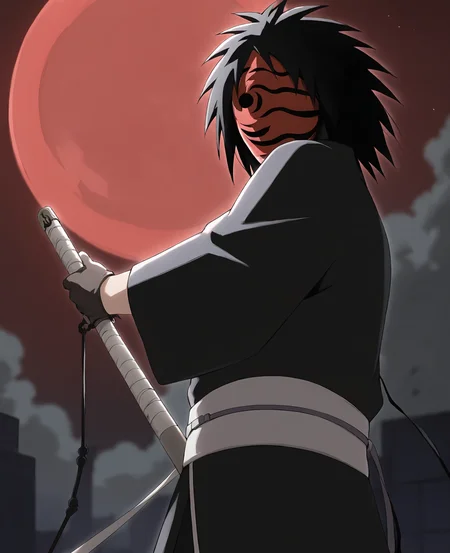 score_9,score_8_up,score_7_up,source_anime,rating_safe BREAK masterpiece,highres,best quality,high quality,dramatic angle,cinematic lighting,1boy,<lora:Obito_Pony_V2:1>,dim,night,moon,red moon,Uchiha Obito \(Red night\),red night,black robe,black gloves,cityscape,extremely detailed background,blurry background,buildings,katana,long messy hair,portrait,close-up,holding,cowboy shot,<lora:add-detail-xl:0.22>,<lora:flat_sdxl:-0.43>,black pants,from below,horror,black hair,red mask,empty eyes,holding weapon,blood,pointy hair,dynamic angle,action pose,holding sword,slashing,katana,huge sword,greatsword,