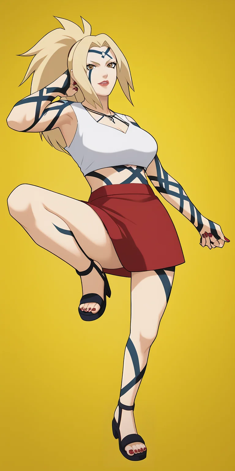 first-person perspective, Perfect Hands,Perfect feet, score_9, score_8_up, score_7_up, score_6_up, score_anime,1girl, blonde hair, tsunade (naruto),White crop top,red skirt, ponytail, solo, standing,,blone hair,black sandals,red nails,leg up, spread legs, <lora:tsunade_train_v5-000009:0.9>, tsunade's sandals \(sandals\), forehead mark,(tattoos:0.4, one-line,Byakugou noJutsu)ï¼<lora:Perfect Hands:0.8> <lora:Smooth_Anime_2_Style_SDXL_LoRA_Pony_Diffusion_V6_XL:0.8> ï¼bathroom background