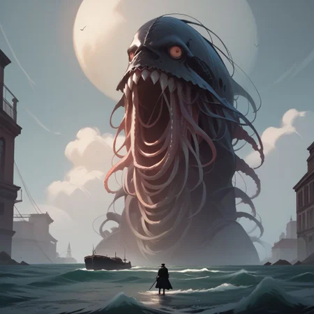(score_9), (score_8_up), (score_7_up), (score_6_up), (score_5_up), (score_4_up), Gritty, noir, anime, Bright, (Cell Shading), (masterpiece), create the sea monster known as the kraken in a steampunk style