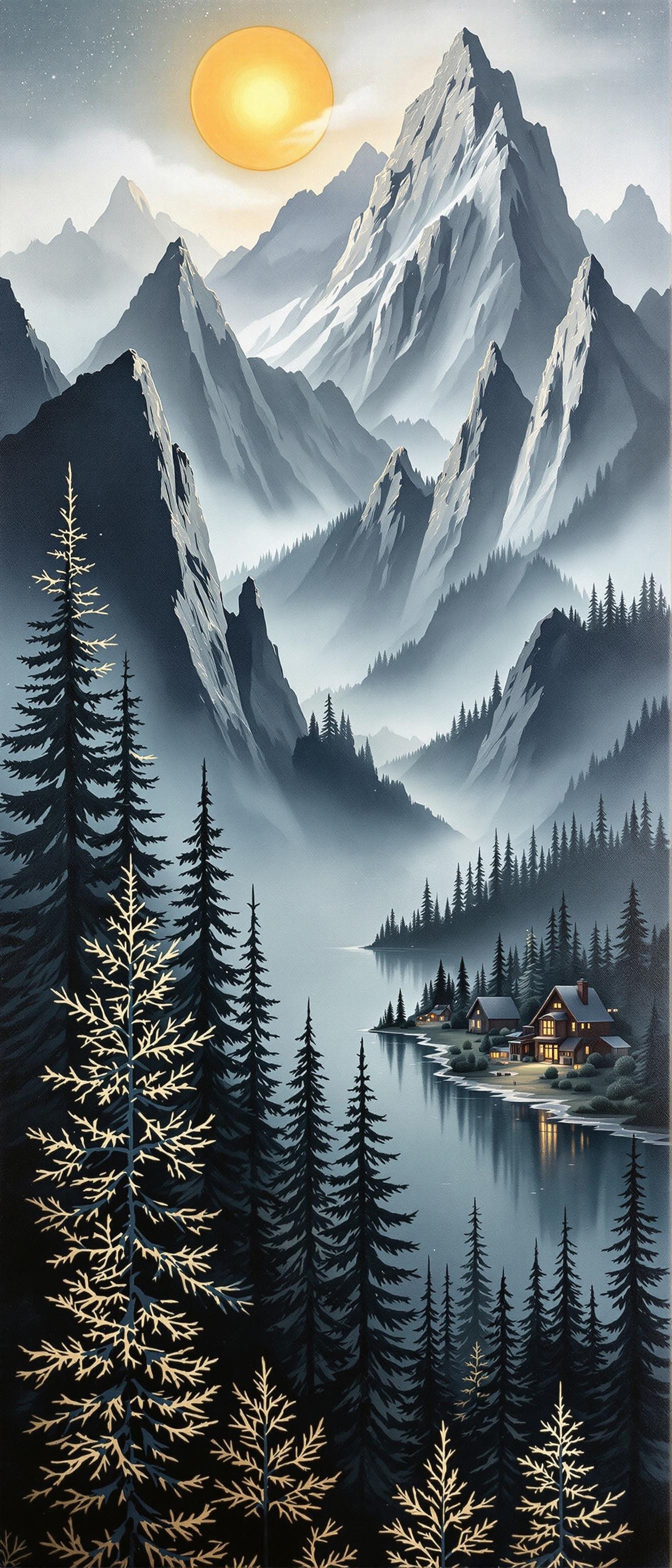 A top angle acrylic painting with metallic sketched elements of a serene mountainous landscape. Dominating the scene are towering mountains with varying peaks, some of which are shrouded in mist. In the foreground, there are dense pine trees, their intricate branches reaching out in all directions. A large, glowing sun or moon is positioned in the sky, casting a soft light over the entire scene. In the middle ground, there's a body of water, possibly a lake or river, reflecting the surrounding nature. On the far side of the water, there are some structures, possibly houses or cabins, nestled among the trees.