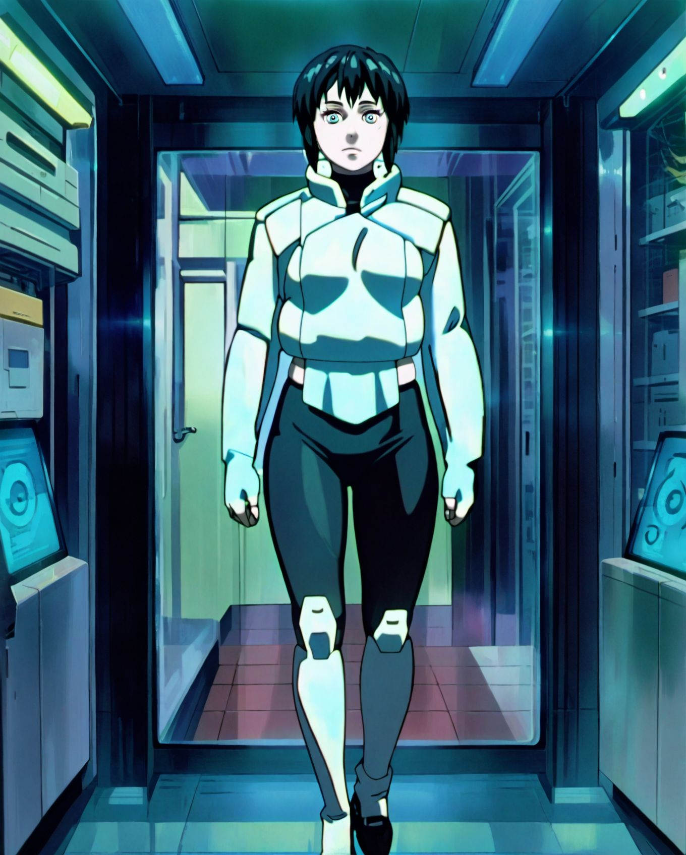 <lora:add-detail-xl:0.5>,,masterpiece,best quality,anime coloring,anime screenshot,
<lora:Female_Android:1>Female_AndroidV1,
1 Female Android, expressionless, 
She stood motionless inside a glass display case,
Indoors, full body, Android Showroom,
a female android stands still, Her face is blank, her eyes lifeless, 
Cold lights flicker across her synthetic skin,
Female Android, looking at viewer, 
Female Humanoid Robot, 
m0t0k0,  short hair, black hair,
ghost in the shell, official art, 
<lora:MotokoIllus10:1>
20YO, milf,