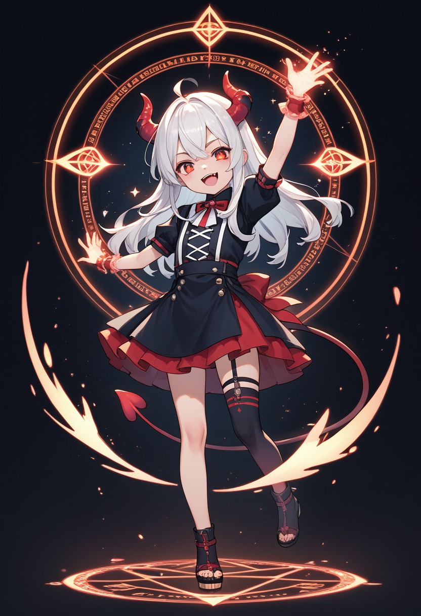 masterpiece, best quality, high quality, high details, source_anime, score_9, score_8_up, score_7_up, extremely detailed,
chibi demon girl with tiny horns and pointed tail, standing in dynamic pose with one arm raised, casting glowing magic spell, swirling energy around hand, eyes glowing slightly, excited or focused expression, small magic circle under feet, floating sparkles and runes, dark background with magical lighting, soft anime shading, full body