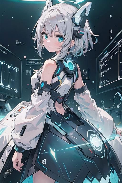 (masterpiece), (science fiction:1.4), 1girl, her back turned, smile, silver hair, aqua eyes, headgear, long sleeves, detached sleeves, glowing energy clothing, light particles