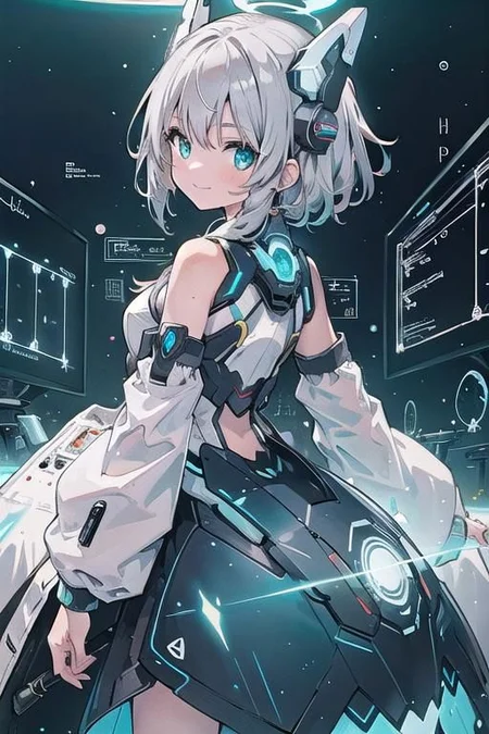 (masterpiece), (science fiction:1.4), 1girl, her back turned, smile, silver hair, aqua eyes, headgear, long sleeves, detached sleeves, glowing energy clothing, light particles