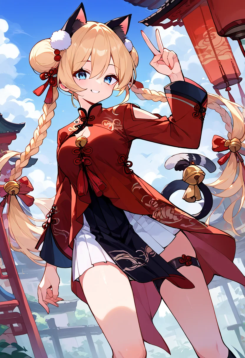score_9,score_8_up,score_7_up,source_anime,zPDXL3,
*//*,<lora:Michele_Pony:1>,michele_spring,1girl,solo,blonde hair,twin braids,double bun,long hair,bangs,blue eyes,thigh strap,thigh holster,fake animal ears,black footwear,boots,chinese clothes,red dress,clothing cutout,long sleeves,bell,black socks,animal ears,white skirt,pleated skirt,tail ornament,tail bell,cat tail,red bow,black pelvic curtain,
*//*,looking at viewer,cowboy shot,dutch angle,dynamic pose,smile,