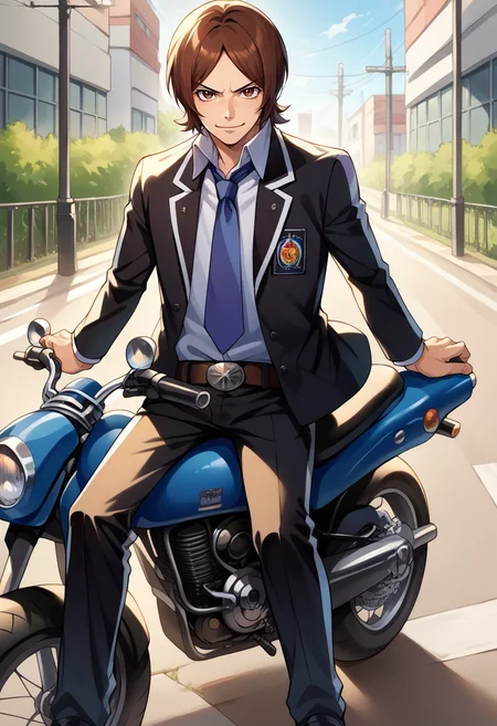 score_9, score_8_up, score_7_up, source_anime, BREAK, solo, 1boy, smirk, looking at viewer, <lora:Tatsuya-pdxl_Fp:1>, tatsuyais, brown hair, brown eyes, short hair, school uniform, collared shirt, blue necktie, black jacket, black pants, belt, motorcycle, on motorcycle, sitting,