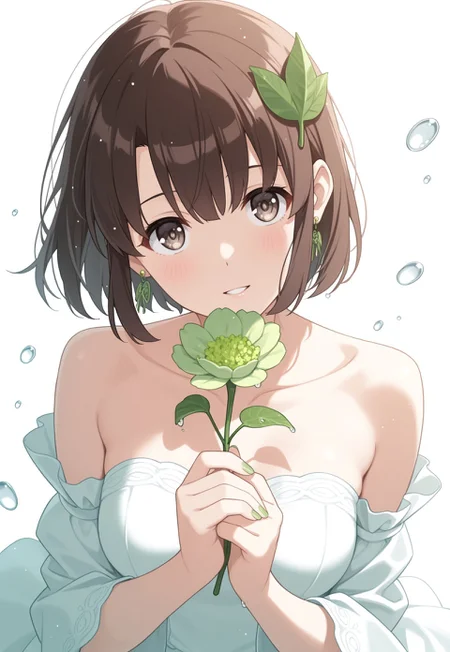 1girl,Megumi <lora:IL-KatoMegumi:0.8>,brown hair,katou megumi,brown eyes,medium breasts, short hair,(( good fingers))

,original,collarbone,ear ring,floating liquid,green theme,leaf,looking at viewer,looking up,piercing,solo,upper body,hands up,nail polish,wide sleeves,holding,detached sleeves,head tilt,sidelocks,strapless dress,white dress,flower,simple background,blush,holding flower,white background,water drop,smile,green flower,floating clothe,strapless,white theme,parted lips,bare shoulders,own hands together,fingernails,green nails,leaf hair ornament,dress,hair ornament,long sleeves,from above,light particles,hair between eye,white sleeve cuff