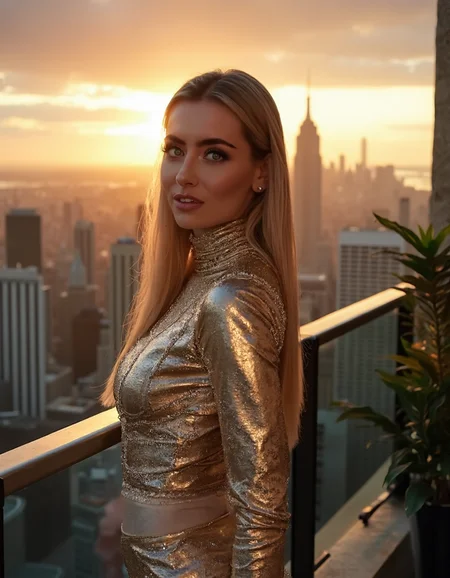 Subject: A woman standing on a luxurious, penthouse balcony overlooking a breathtaking cityscape at sunset.
Lighting: Warm, golden light from the setting sun casting a dramatic ambiance.
Camera Angle: Low angle shot, looking up at the woman's face as she gazes out at the viewer.
Composition Style: Leading lines of the city skyline converge to her eyes.
Clothing: Turtleneck, long-sleeved evening gown in metallic gold with beaded embroidery.