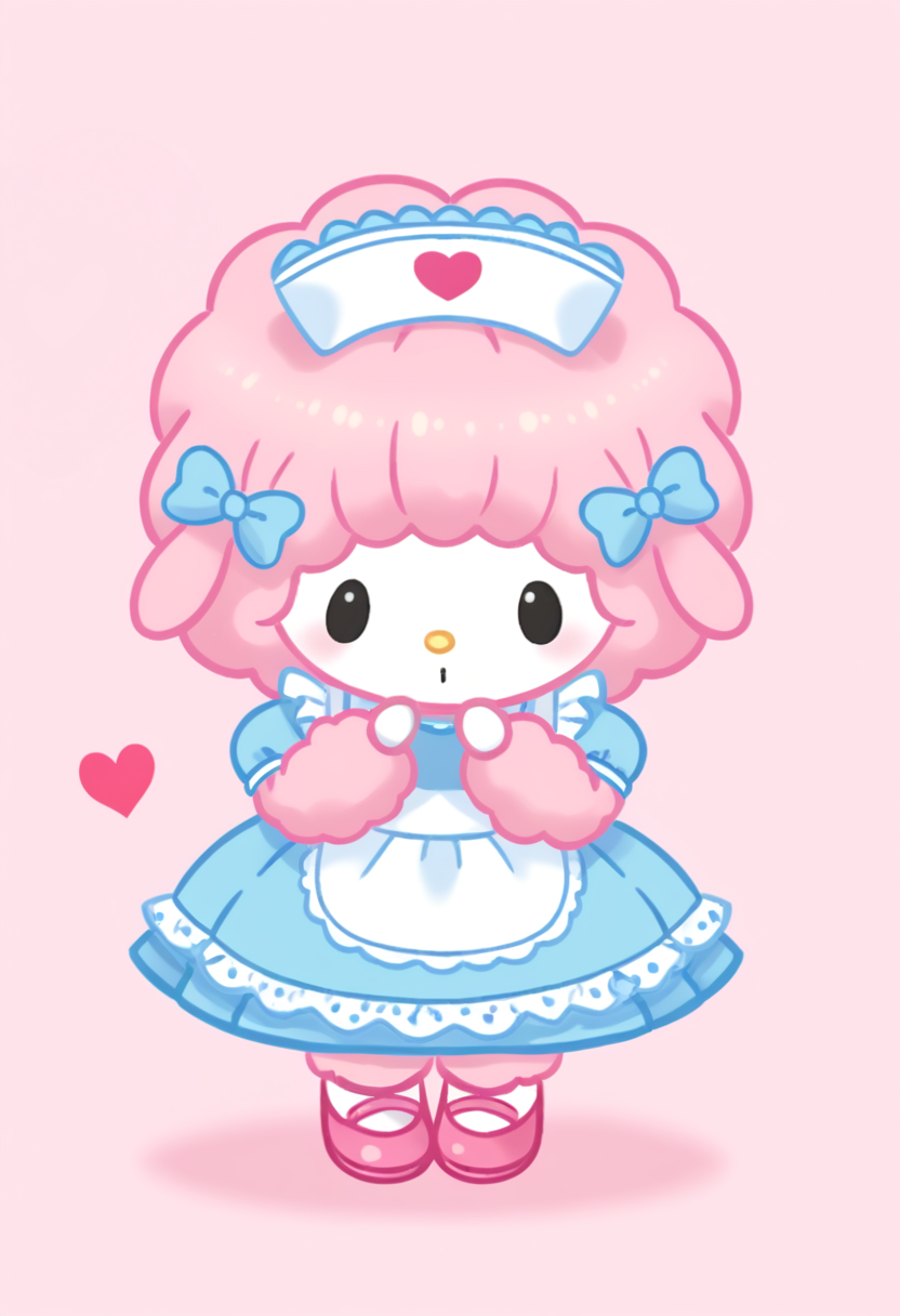 score_9, score_8_up, score_7_up, score_6_up, score_5_up, BREAK
mysweetp, solo, 1girl, heart, dress, nurse cap, pink footwear, bow, pink hair, pink background, blue dress, dot eyes, furry, chibi, feral, pink fur, white face, black eyes