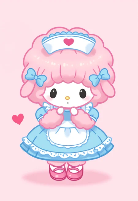 score_9, score_8_up, score_7_up, score_6_up, score_5_up, BREAK
mysweetp, solo, 1girl, heart, dress, nurse cap, pink footwear, bow, pink hair, pink background, blue dress, dot eyes, furry, chibi, feral, pink fur, white face, black eyes