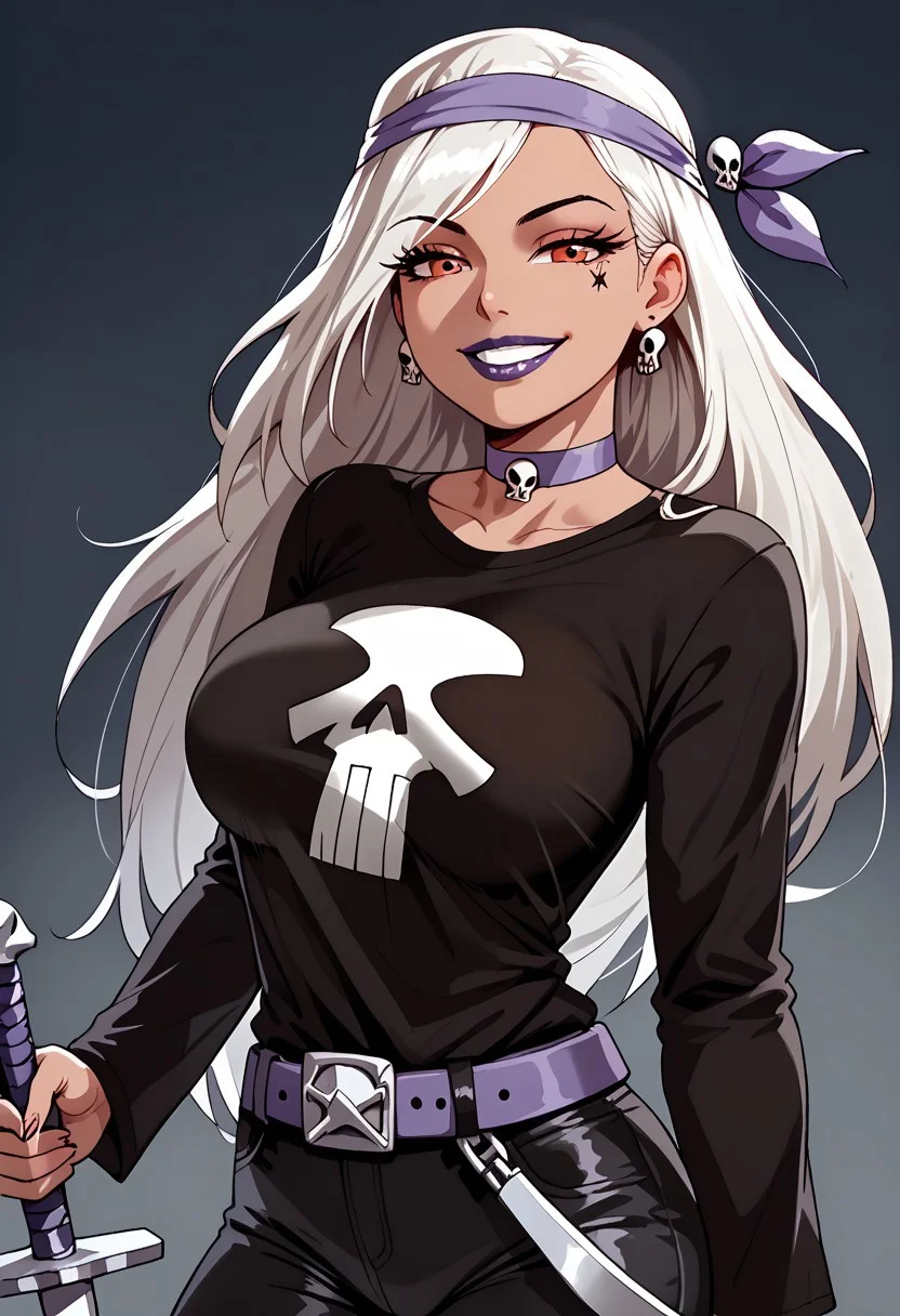 score_up_9, score_up_8, best quality, Ms. Doombringer, 1girl, solo, long sleeve shirt, choker, belt, blackpants, large breasts, smile, parted lips,half lidded eyes, holding spiked dagger, pointing weapon at viewer, skull print,
<lora:add-detail-xl:-1>