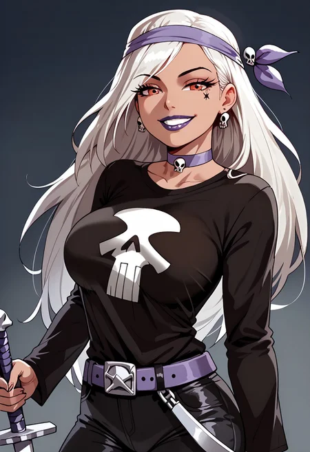 score_up_9, score_up_8, best quality, Ms. Doombringer, 1girl, solo, long sleeve shirt, choker, belt, blackpants, large breasts, smile, parted lips,half lidded eyes, holding spiked dagger, pointing weapon at viewer, skull print,
<lora:add-detail-xl:-1>