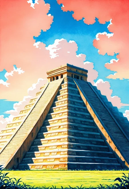 masterpiece, best quality, no humans, Ch1chen, flower, day, blue sky, no humans, traditional media, grass, stairs, ,<lora:ChichenItza_IXL_v1:1.0>,
