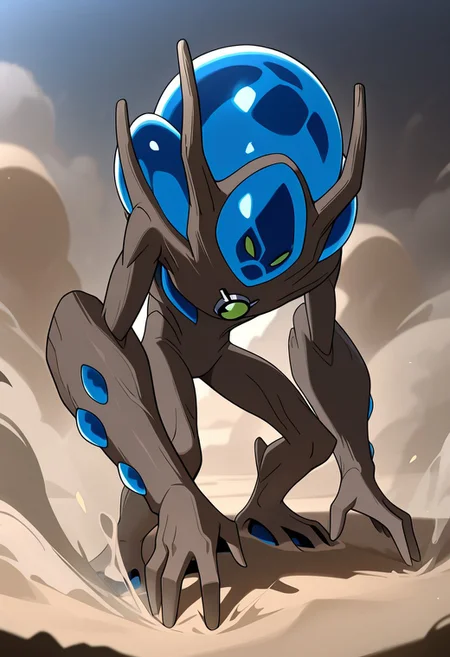masterpiece, best quality, amazing quality, very aesthetic, absurdres, newest,
,ultswam, standing, pokemon (creature), solo, green eyes, monster, brown skin, alien, massive arms, no humans, 
crouching, covered in sand, turning to dust, dust hands, hands tuning to dust, open mouth,